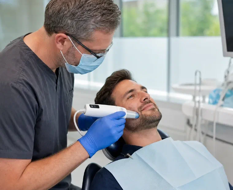 A dentist providing calm, modern treatment to a comfortable patient