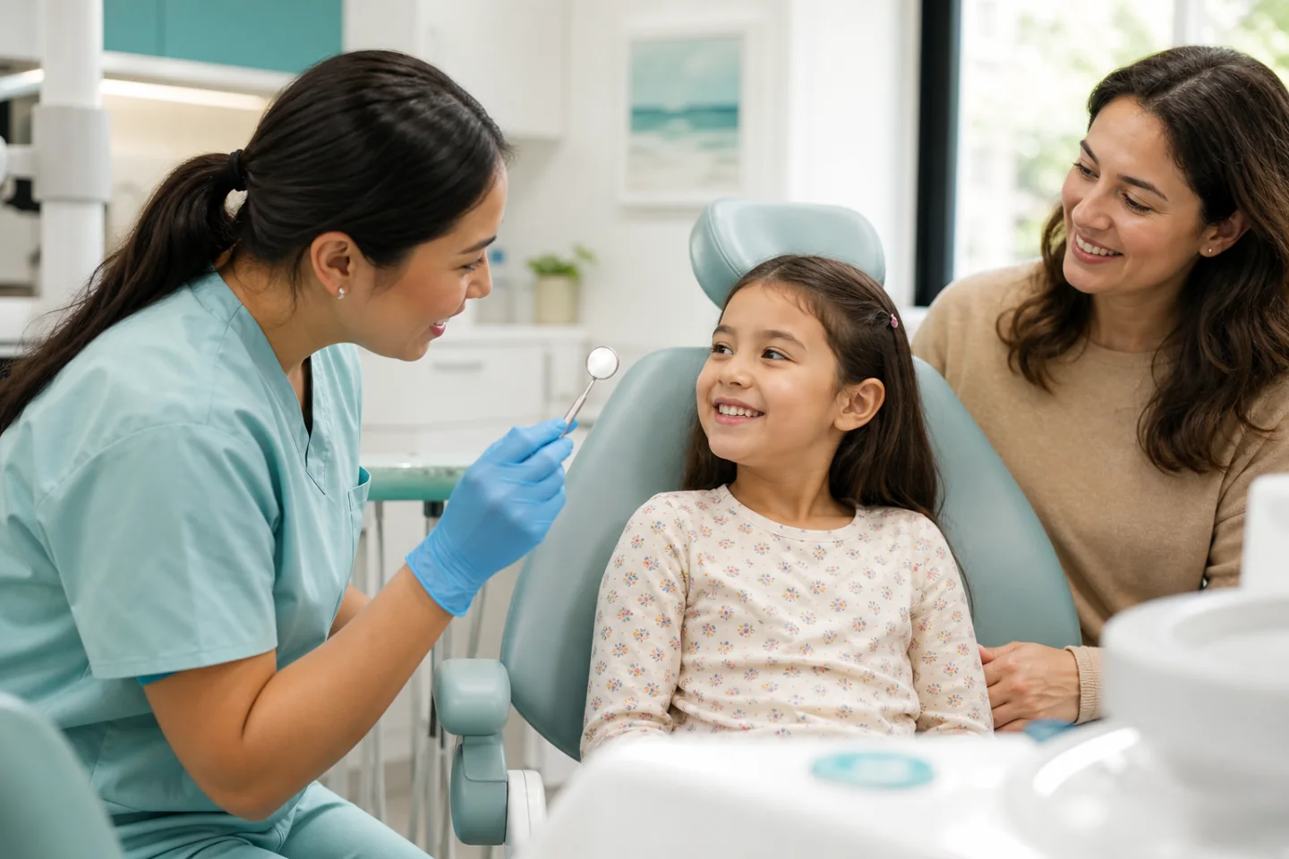 A child having a friendly dental visit with a parent nearby