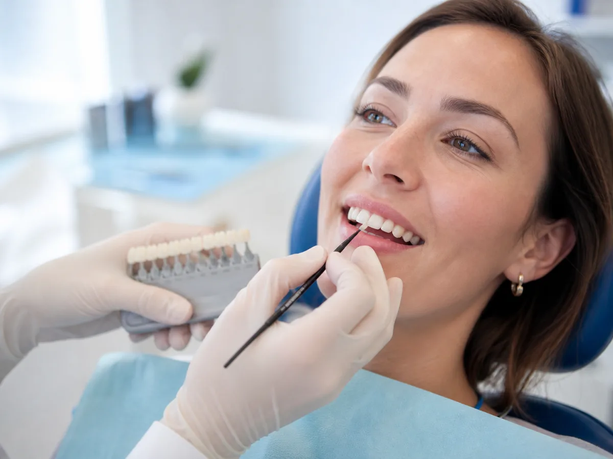 A dentist matching a patient’s tooth shade while performing cosmetic bonding