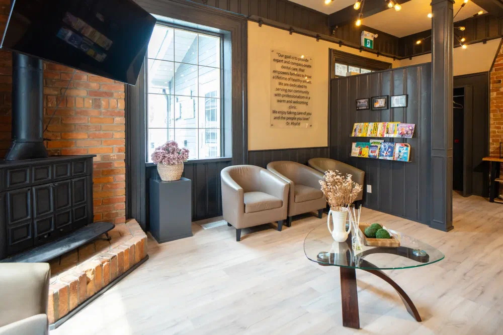 Cookstown Dental Centre waiting room with television and patient brochures
