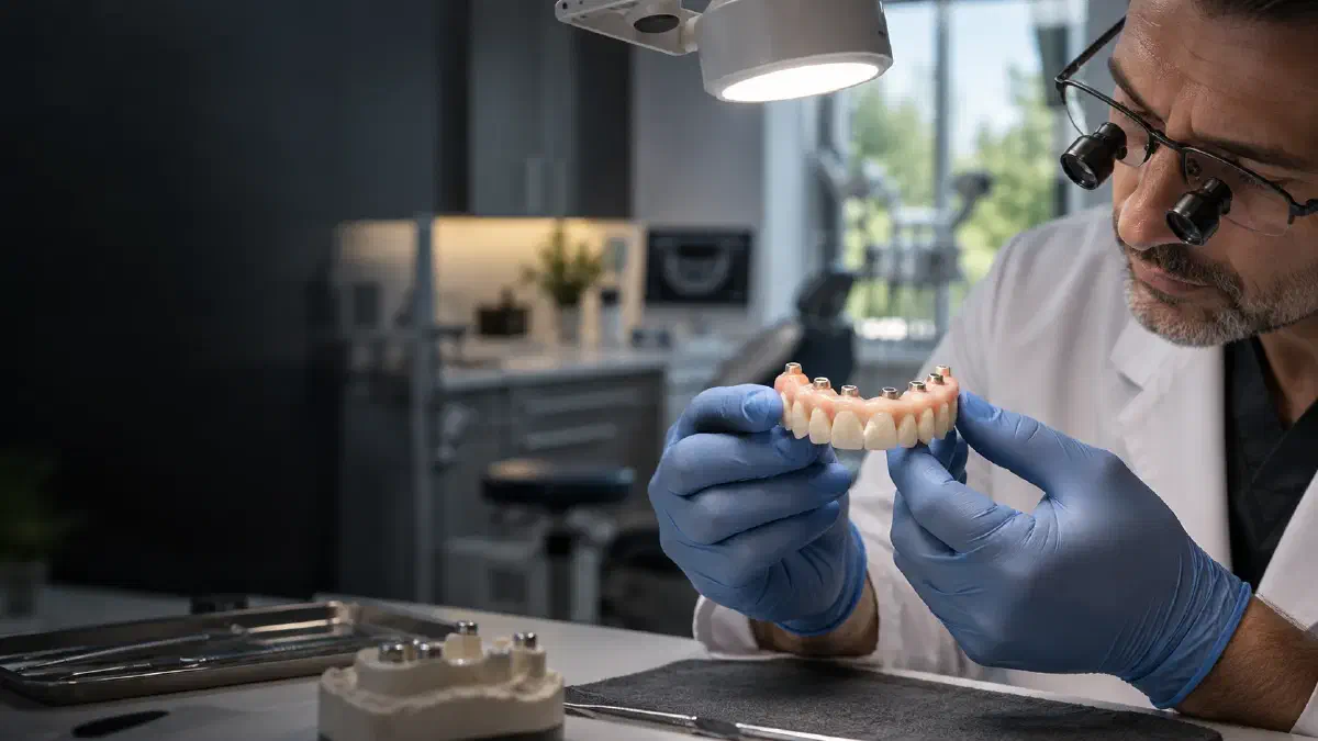 A dental clinician inspecting an All-on-X full-arch implant bridge for damage