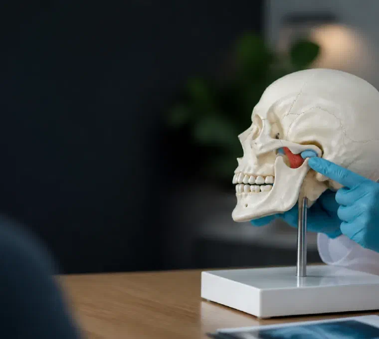 A clinician explaining the temporomandibular joint using an anatomical model