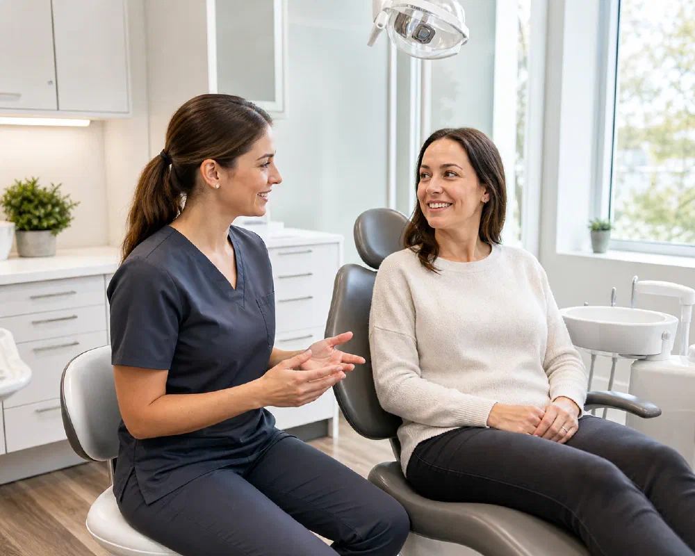 A patient viewing her smile with a dental professional