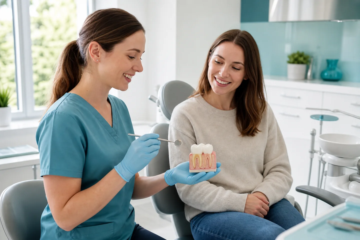 A dental hygienist explaining preventive dental care to a patient using a tooth model