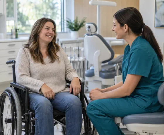 A patient using a wheelchair talking with a dental professional