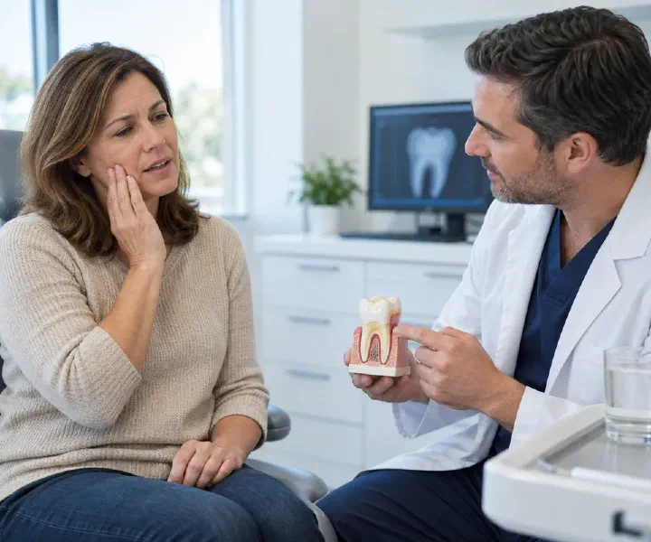 A patient describing sensitive teeth while a dentist explains enamel wear with a tooth model