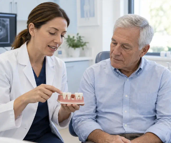 A dentist and patient reviewing a missing-tooth site on a jaw model
