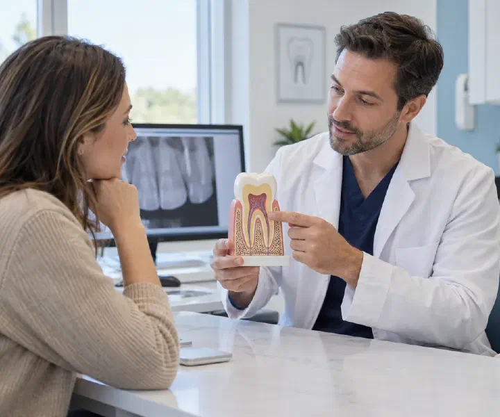 A dentist explaining the inside of a front tooth with a teaching model
