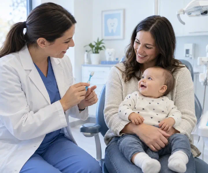 A parent holding a baby while a dentist demonstrates a small toothbrush