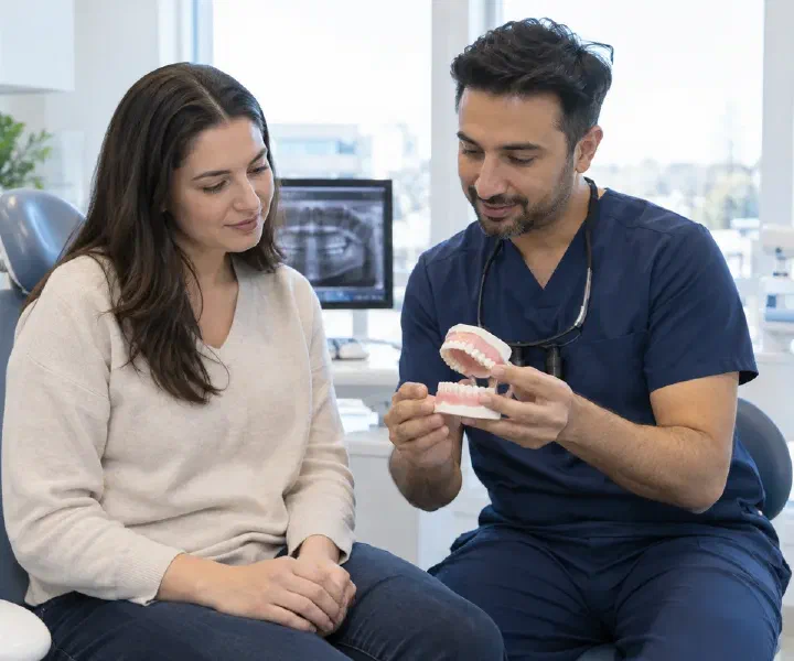 A dentist explaining upper and lower tooth contacts to a patient using a model