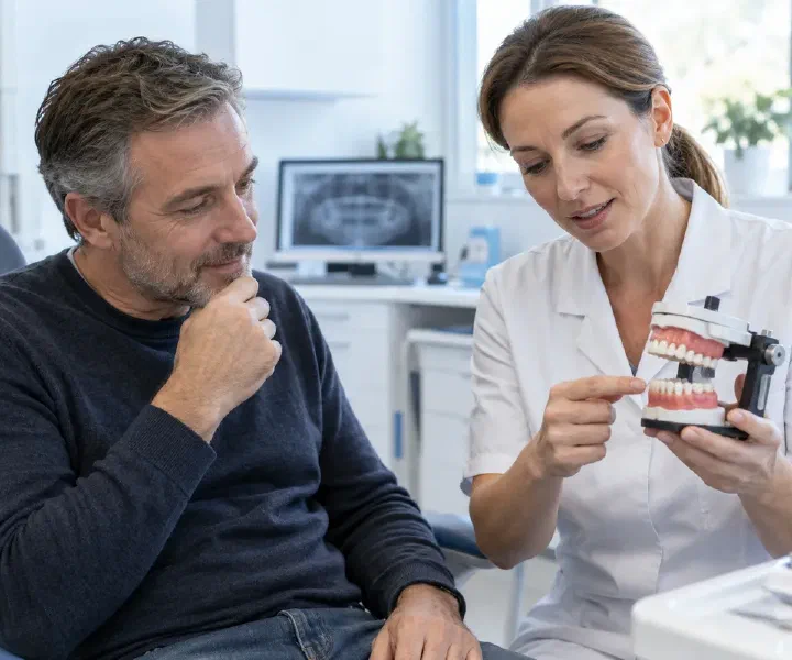 A dentist and patient reviewing upper and lower tooth models on an articulator