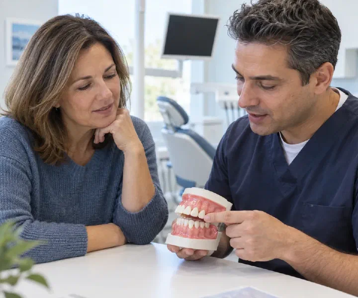A patient and dentist discussing gumline spaces on a dental model