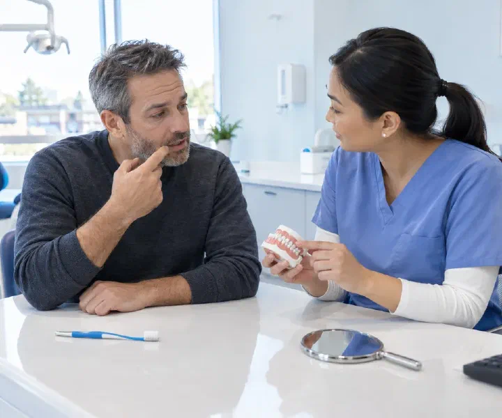 A patient discussing gum bleeding and cleaning with a dental professional