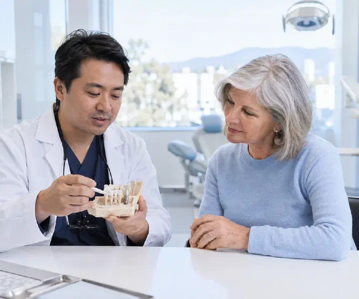 A dentist explaining the bone supporting teeth with a jaw model during consultation