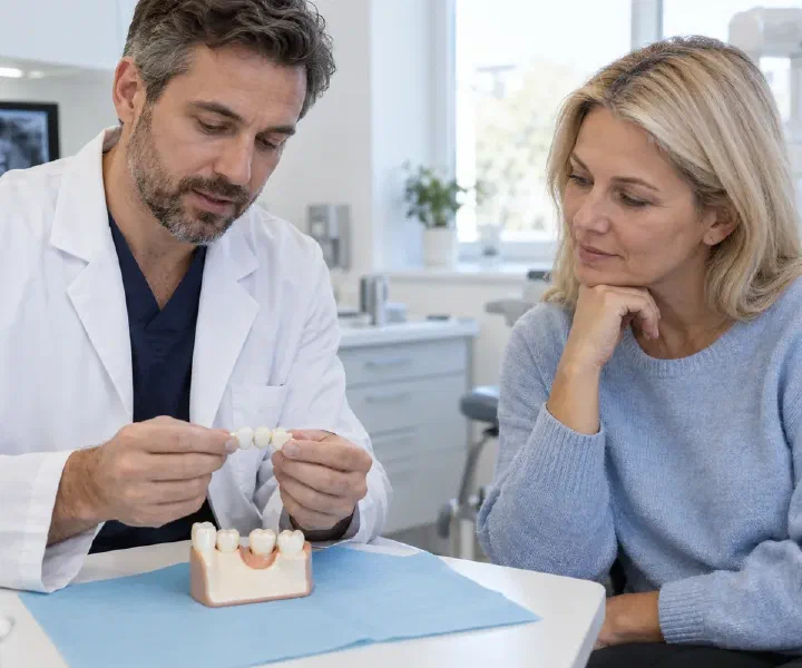 A dentist assessing a detached ceramic bridge while a patient watches