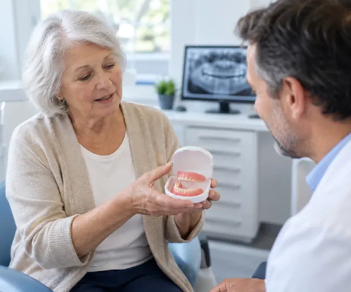 A patient discussing a damaged denture with a dental professional