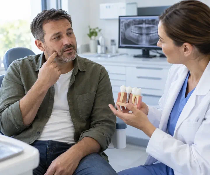 A patient describing a broken back tooth to a dentist