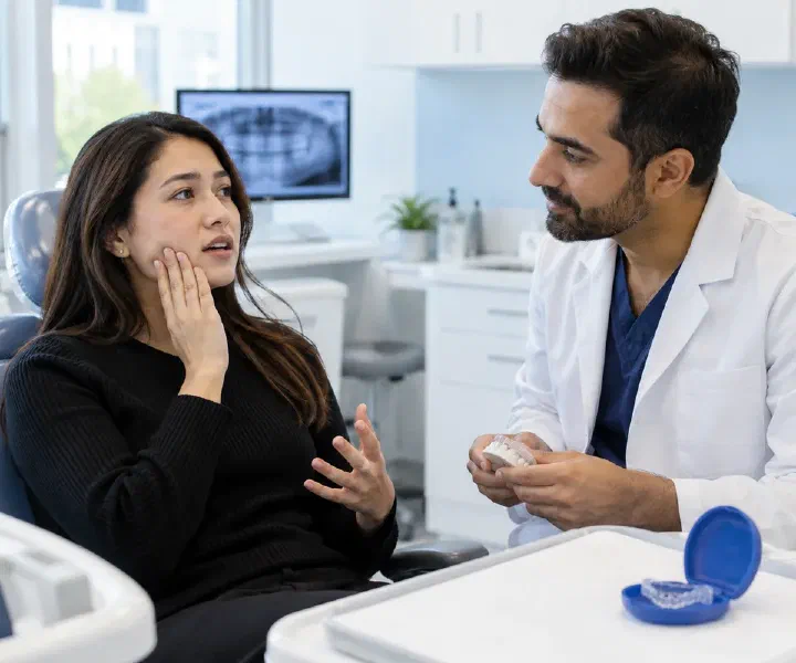 A patient describing jaw tension while a dentist discusses protective care