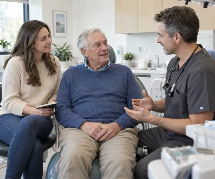 An older patient, his supporter, and a dentist talking together