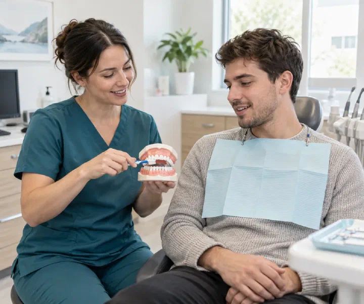 A hygienist demonstrating brushing on a dental model