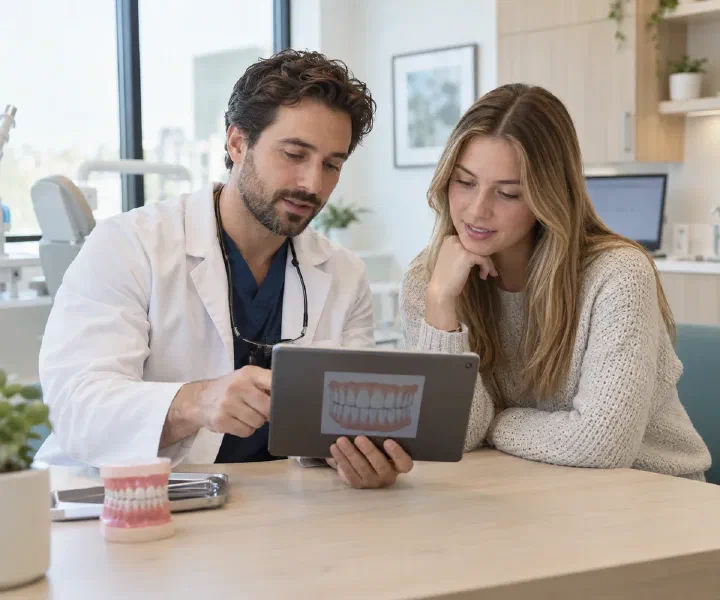 A dentist and patient reviewing a dental chart on a tablet