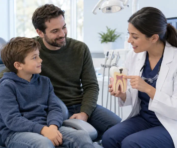 A dentist discussing a tooth model with a child and parent before cavity treatment