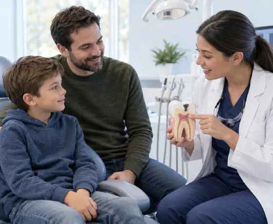 A dentist discussing a tooth model with a child and parent before cavity treatment