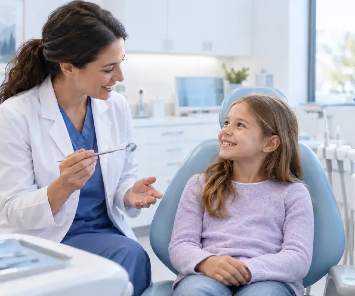 A dentist introducing a dental mirror to a child before a checkup