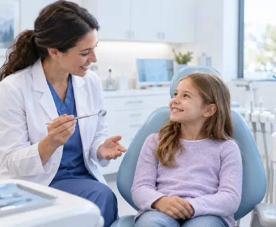 A dentist introducing a dental mirror to a child before a checkup