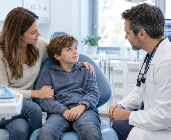 A parent comforting a child while a dentist listens during an urgent consultation
