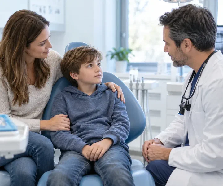 A parent comforting a child while a dentist listens during an urgent consultation