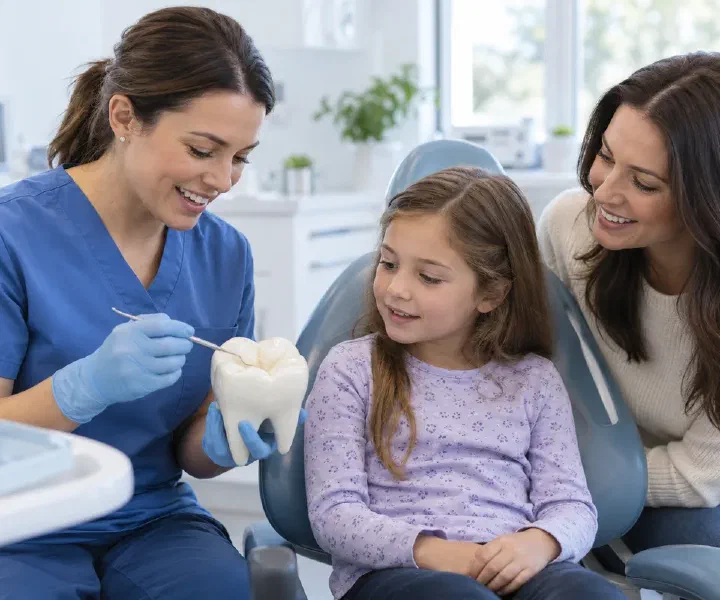 A dentist explaining the grooves of a molar model to a child and parent