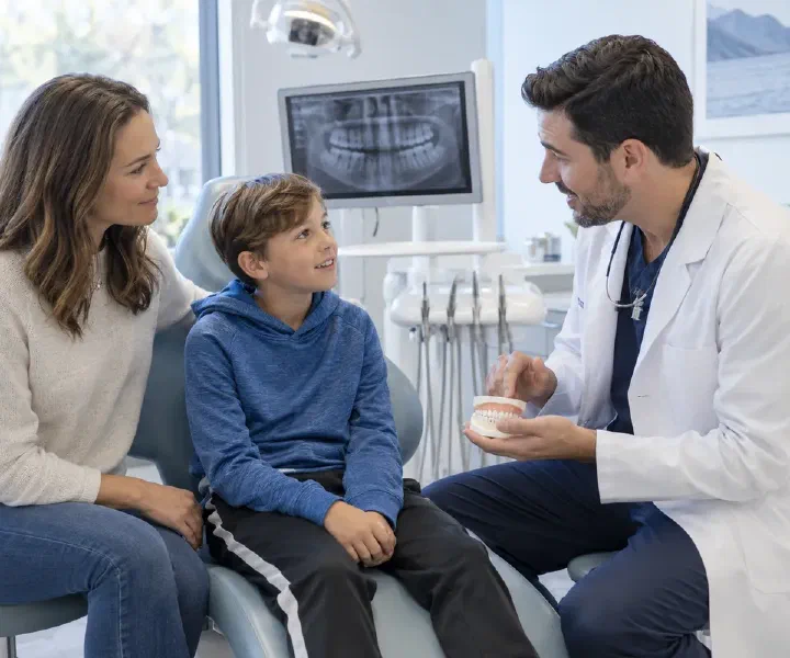 A child and parent talking with a dentist after a tooth injury