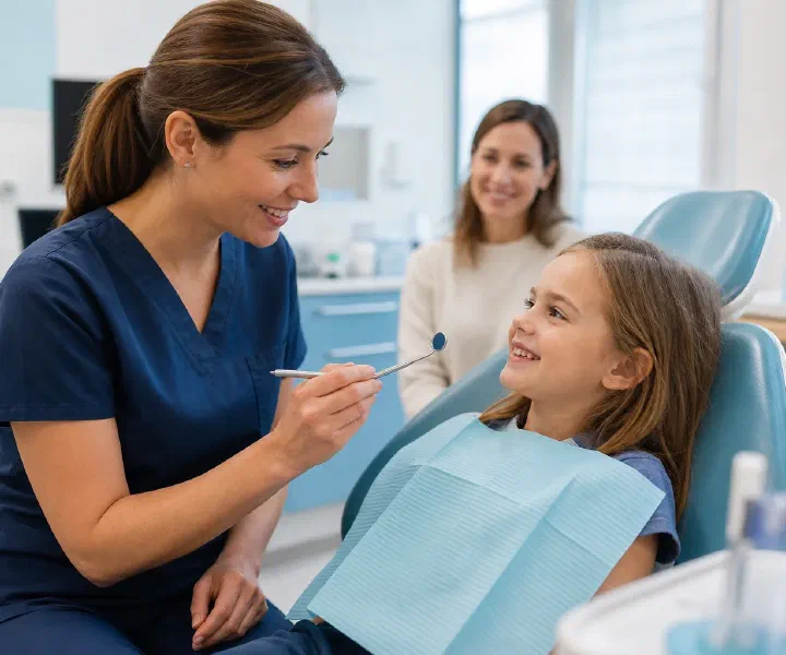 A dentist providing gentle care for a child