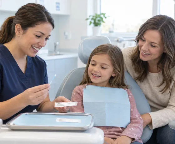 A hygienist introducing a fluoride varnish applicator to a child and parent