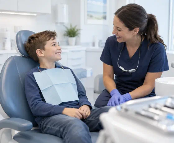 A child talking with a hygienist after a professional teeth-cleaning visit