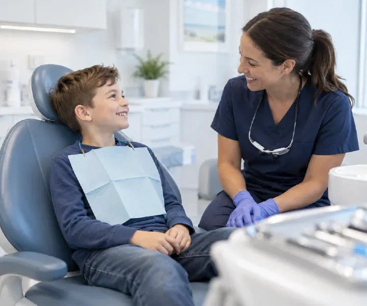 A child talking with a hygienist after a professional teeth-cleaning visit