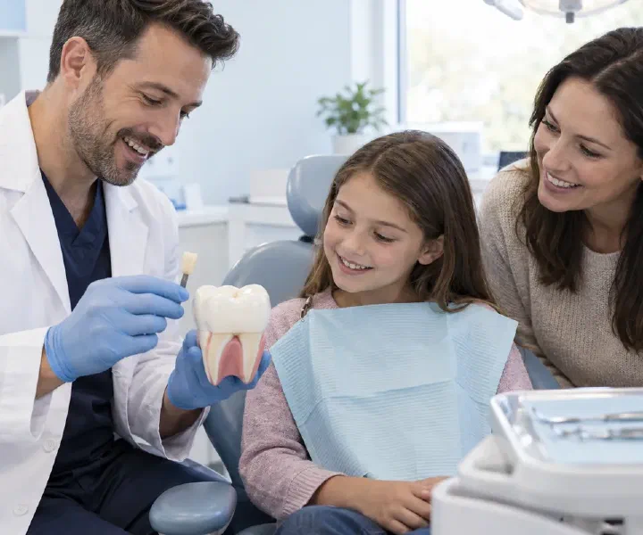 A dentist showing a tooth-shade sample to a child and parent