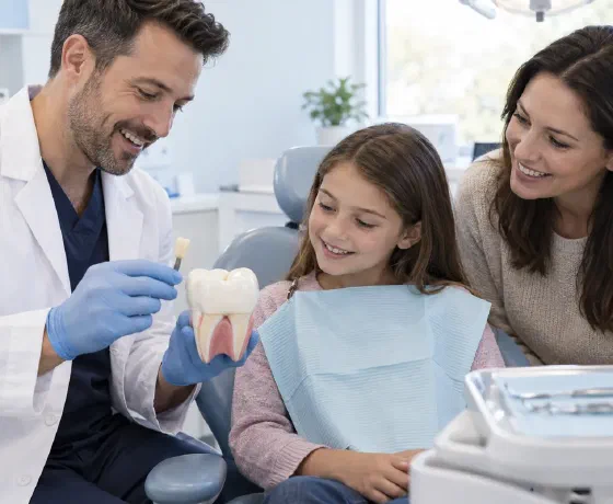 A dentist showing a tooth-shade sample to a child and parent