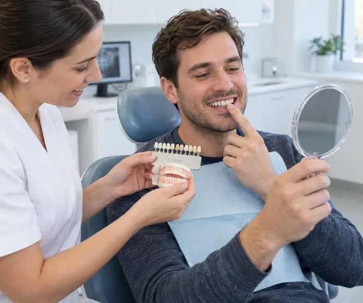 A dentist showing a shade guide to a patient discussing a chipped tooth