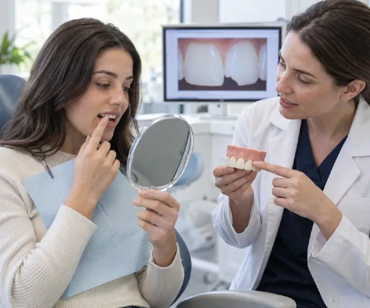 A patient and dentist discussing a small front-tooth chip with a handheld mirror