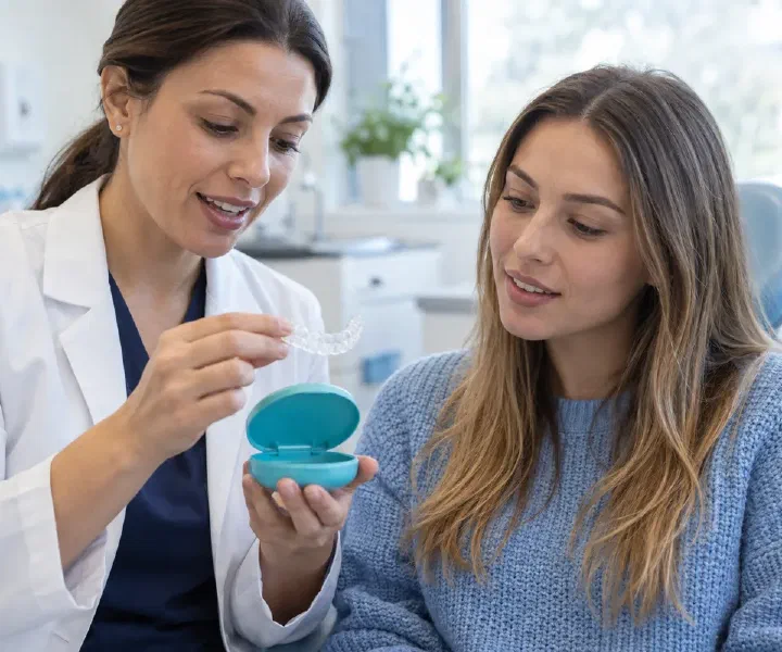 A patient examining a clear aligner during a dental consultation