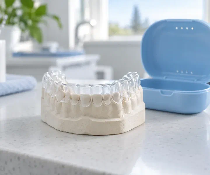 A clear retainer on a dental cast beside an open storage case