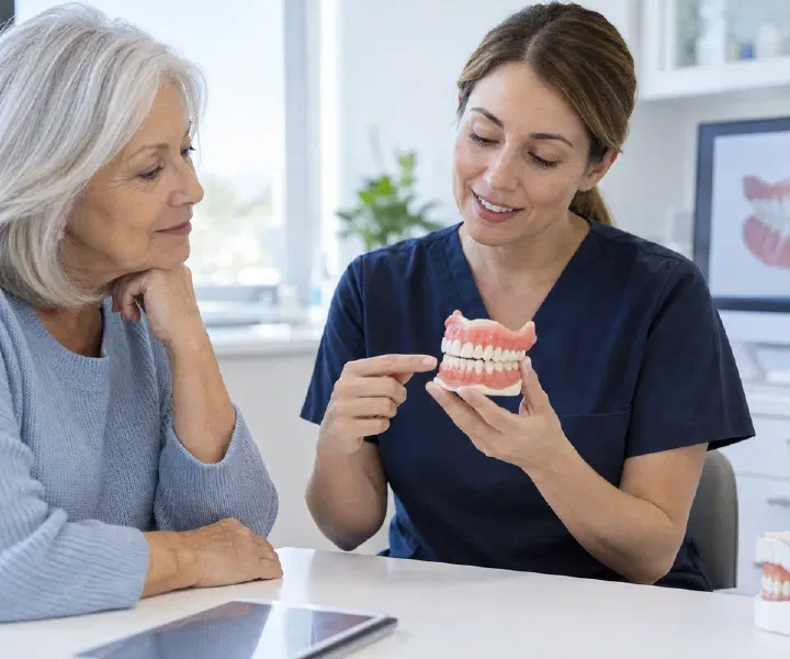 An older patient and clinician reviewing a complete denture model