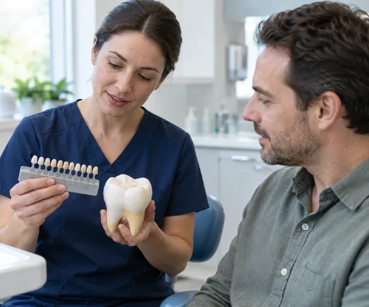 A dentist discussing composite filling shade and tooth support using a molar model