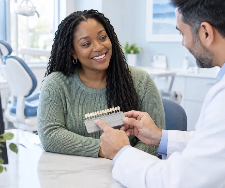 A patient and dentist comparing natural tooth shades before composite veneer planning