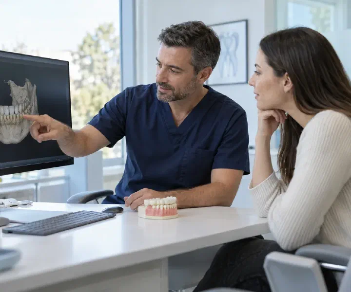 A dentist and patient reviewing a three-dimensional jaw image for implant planning
