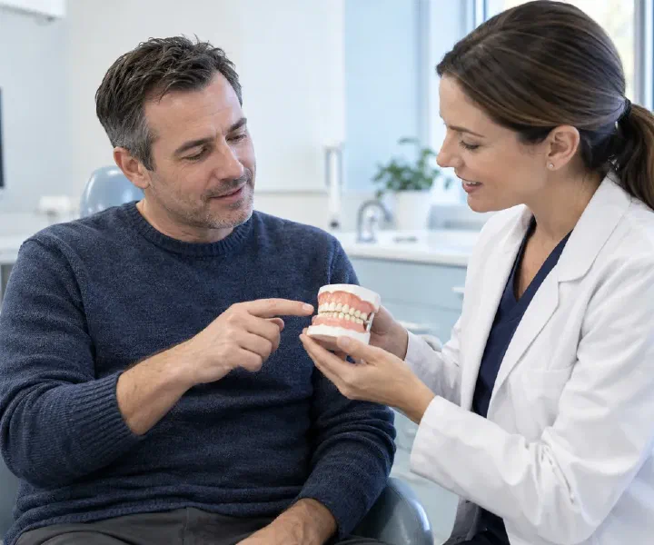 A dentist and patient discussing uneven tooth shapes on a dental model