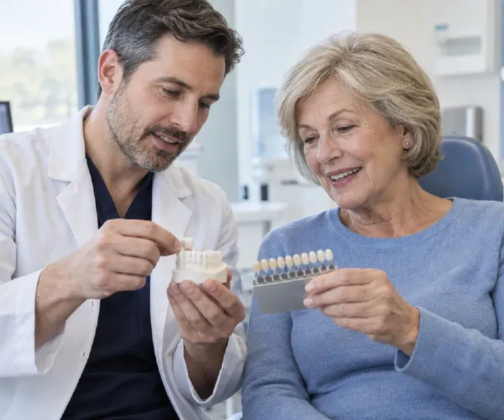 A dentist and patient comparing a crown sample with a tooth-shade guide
