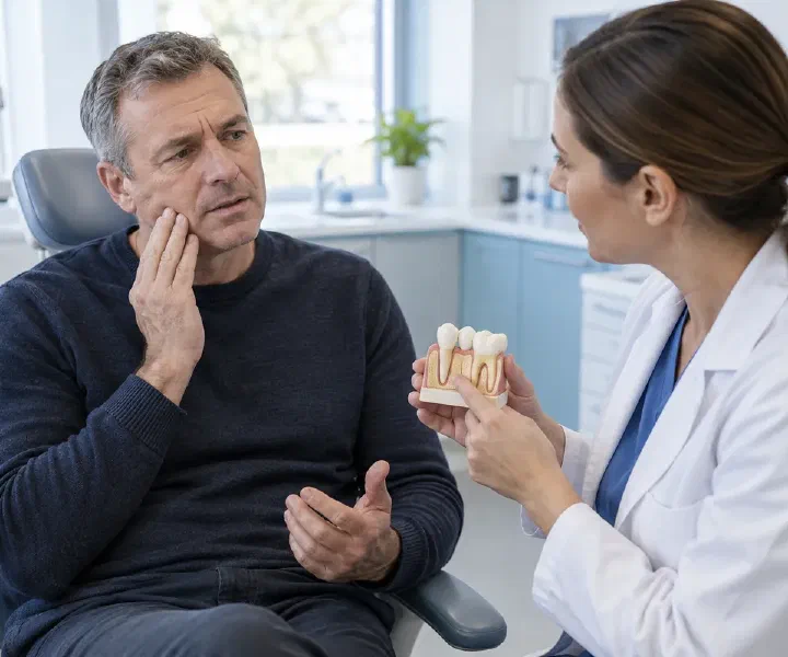 A patient describing biting discomfort while a dentist reviews a tooth model